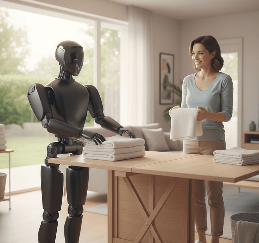 A woman folding towels at a table beside a humanoid robot