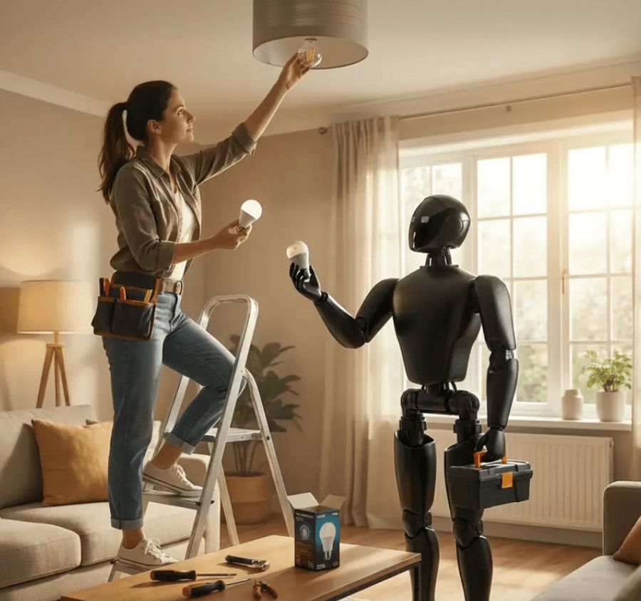 A woman on a step ladder changing a bulb while a robot holds out a replacement