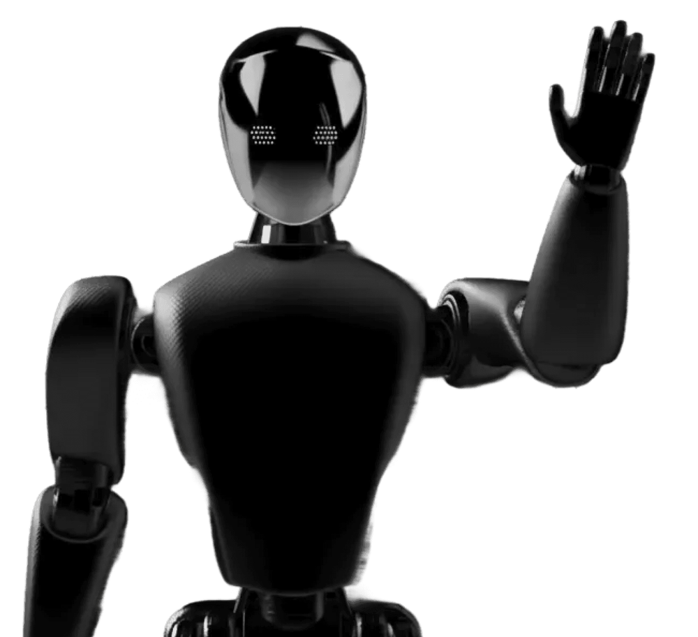 A humanoid household robot, arms raised